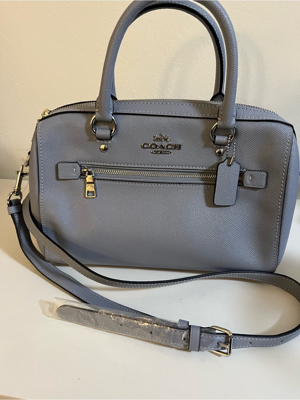 Coach Rowan Satchel Crossgrain Leather Light Blue Silver #79946 NWOT